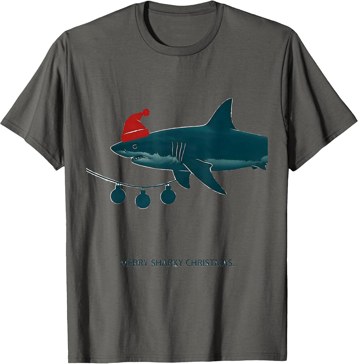 Men's Merry Sharky Christmas Funny Shark Santa Hat Holiday Lights T-Shirt - Asphalt Grey