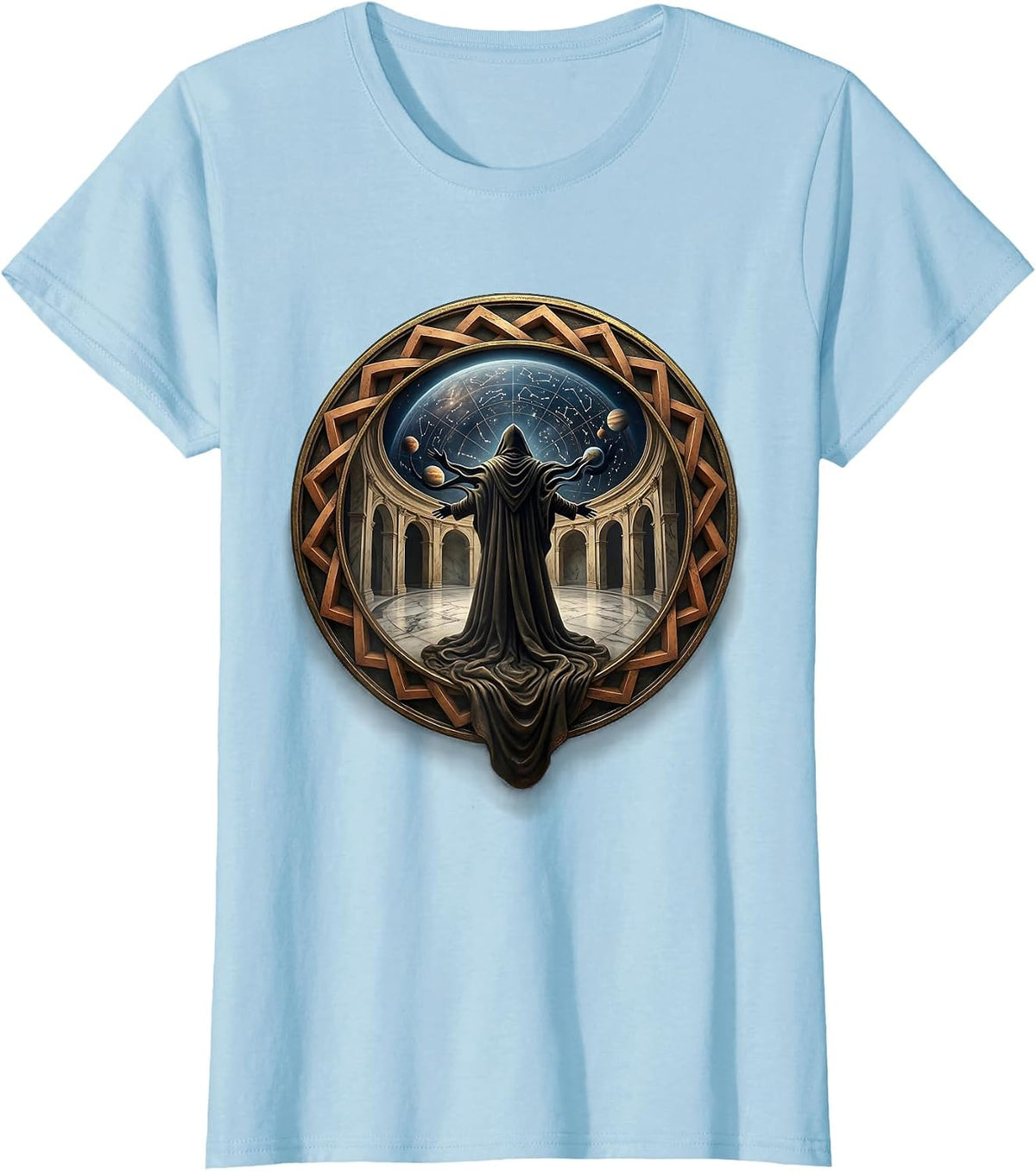 Renaissance Stargazer Robed Figure Celestial Dome T-Shirt - Baby Blue