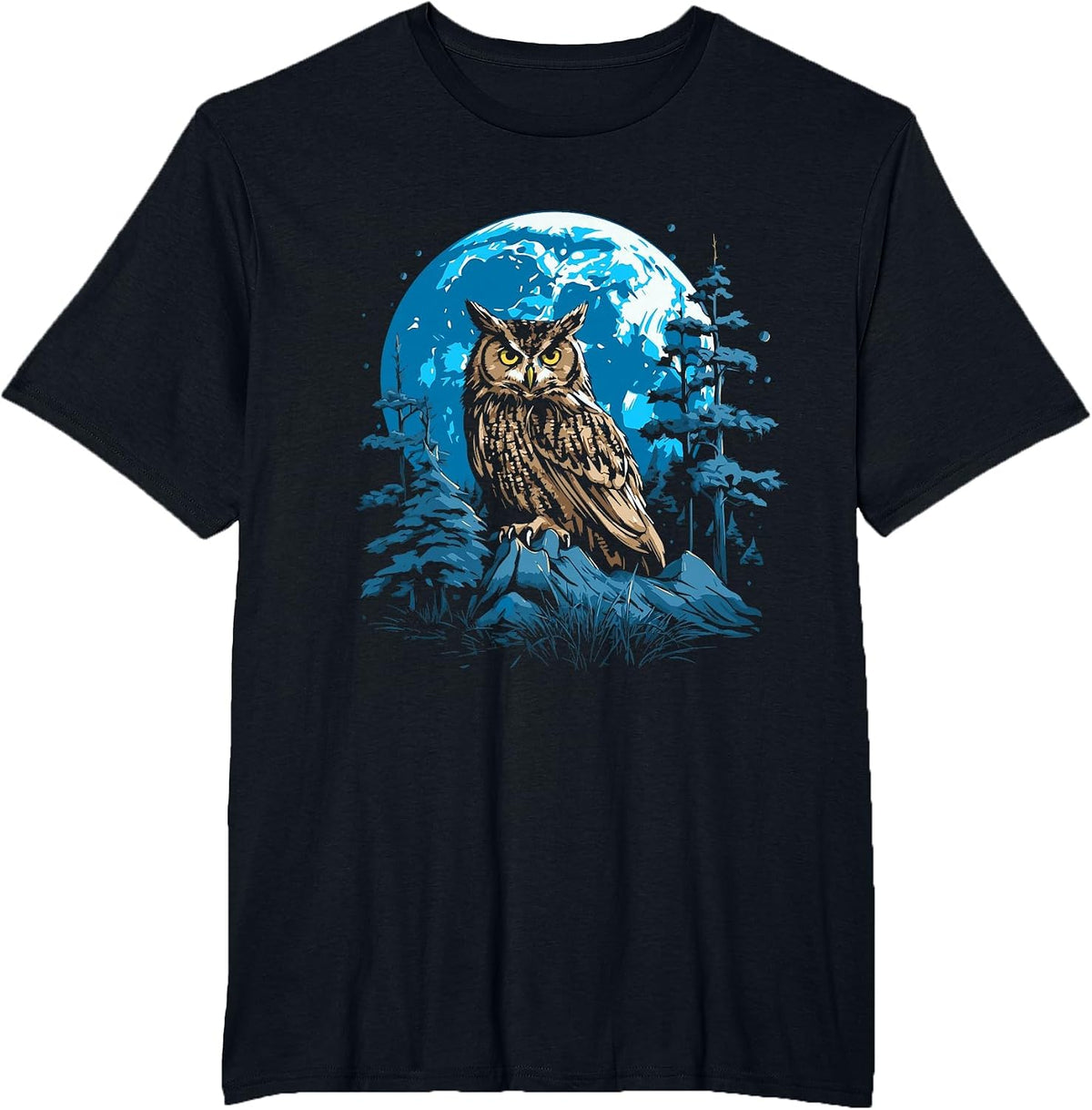 Great Horned Owl Night Time Nature Art Abstract Graphic T-Shirt - Black