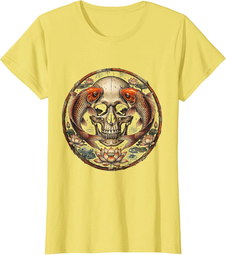 Women's Skull and Koi Fish Artistic Graphic Design T-Shirt - Lemon Yellow