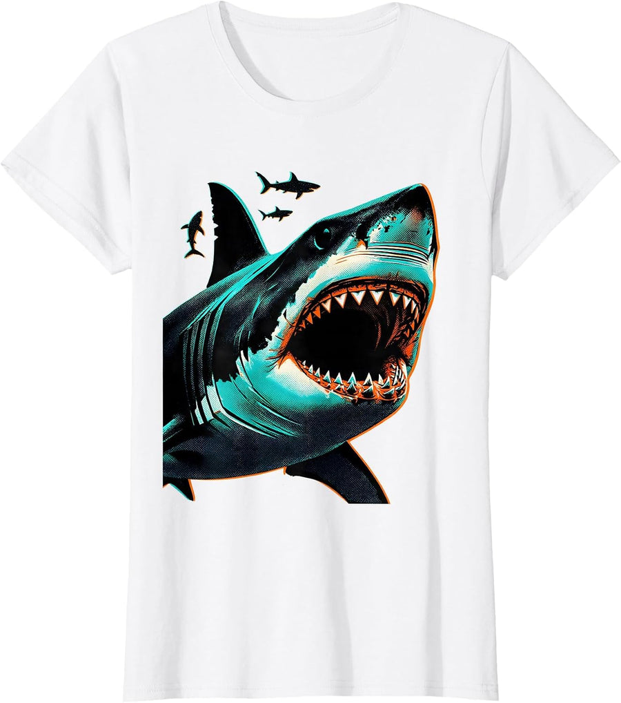 Women's Sand Tiger Shark Risograph Ocean Animal Lover Humor T-Shirt - White