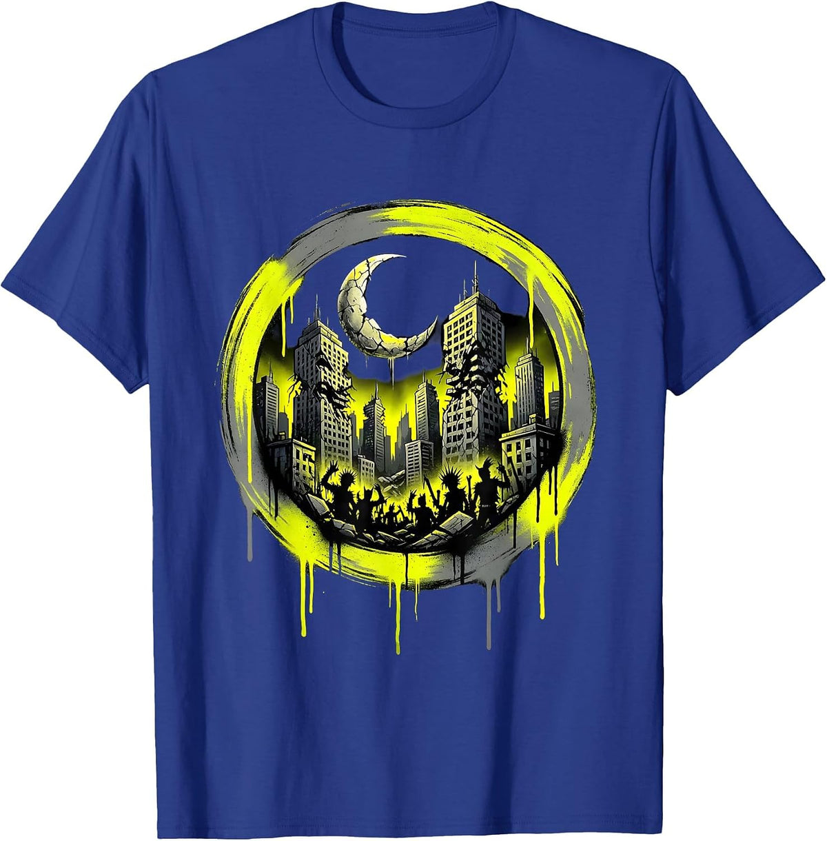Punk Crumbling City Skyline Midnight Graphic T-Shirt - Royal Blue