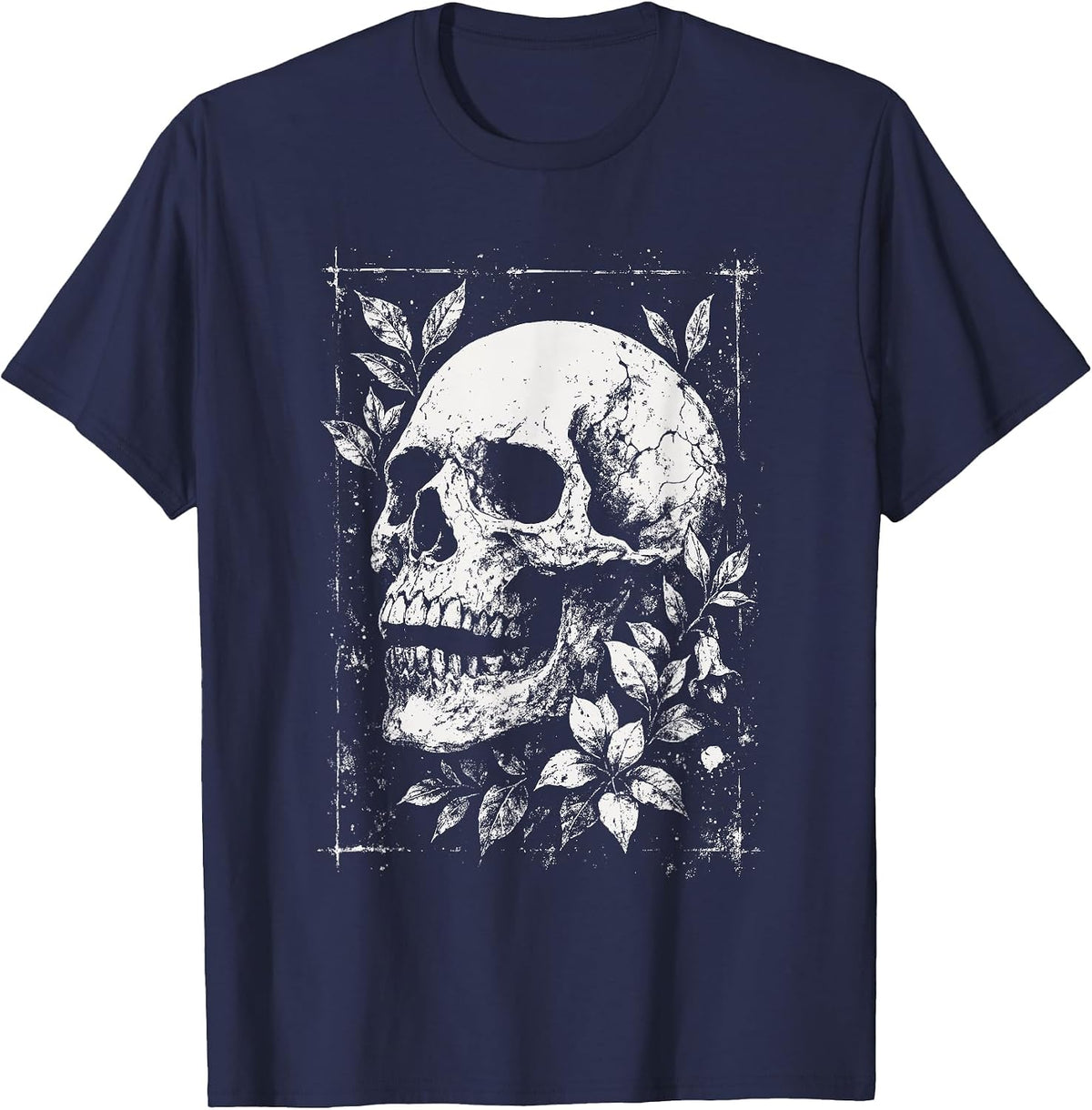 Skull Flowers Goth Floral Occult Death Dark Alt Aesthetic T-Shirt - Navy Blue