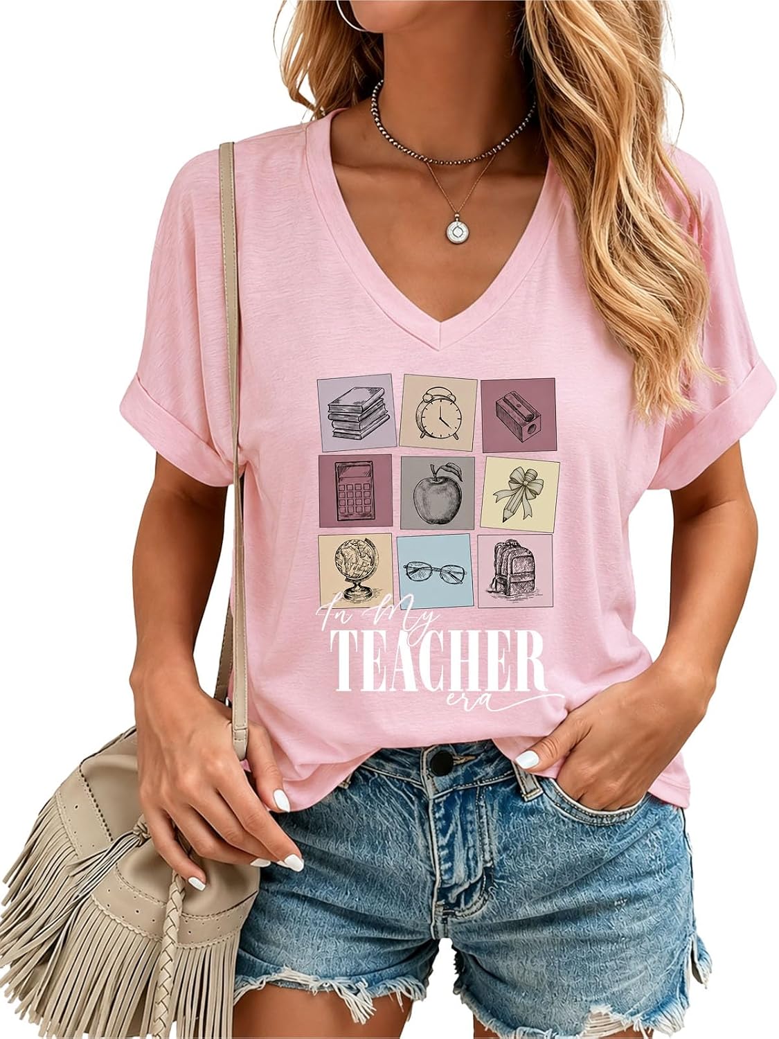 Teacher Shirts for Women Happy First Day of School T-Shirt Cute School Tee - Pink