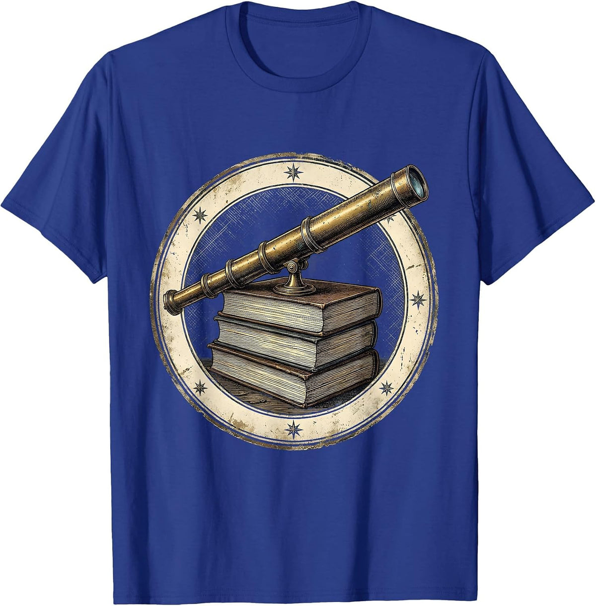 Telescope on Astronomy Books Stargazing Illustration T-Shirt - Royal Blue