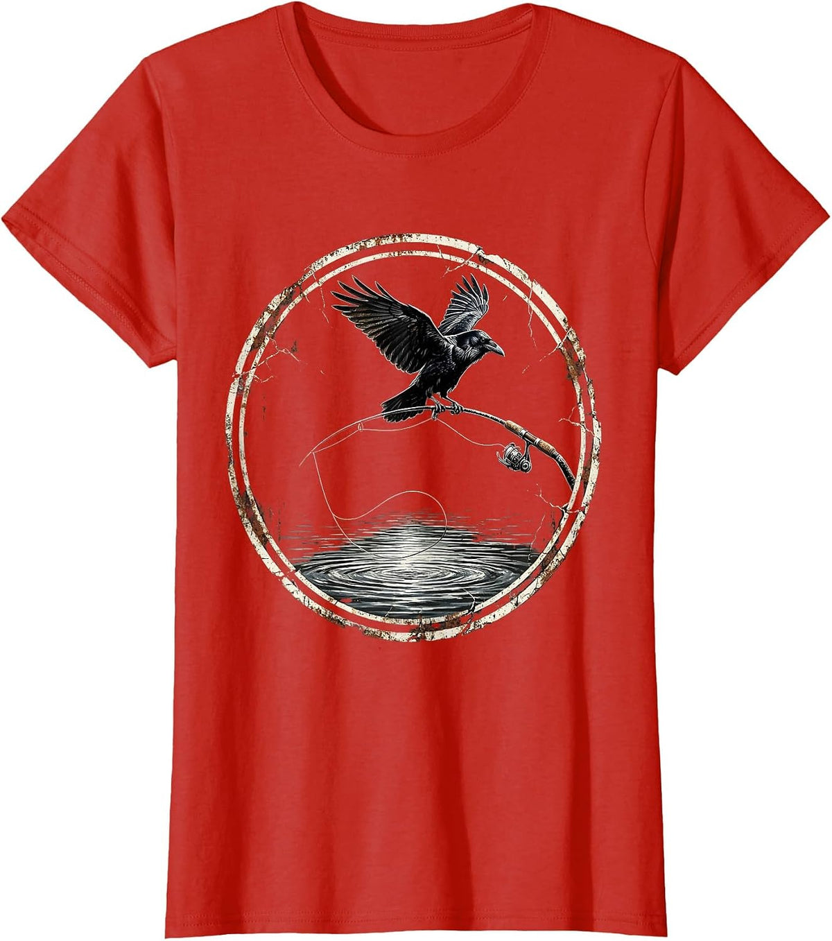 Raven on Fishing Rod Tip Graphic Design T-Shirt - Red