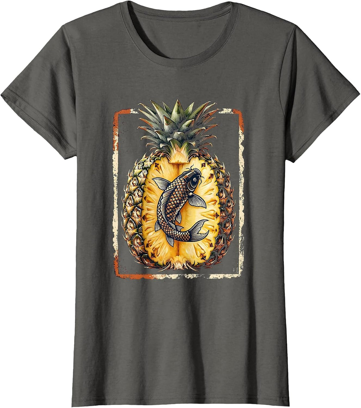 Women's Pineapple Koi Fish Split Fruit Graphic Design T-Shirt - Asphalt Grey