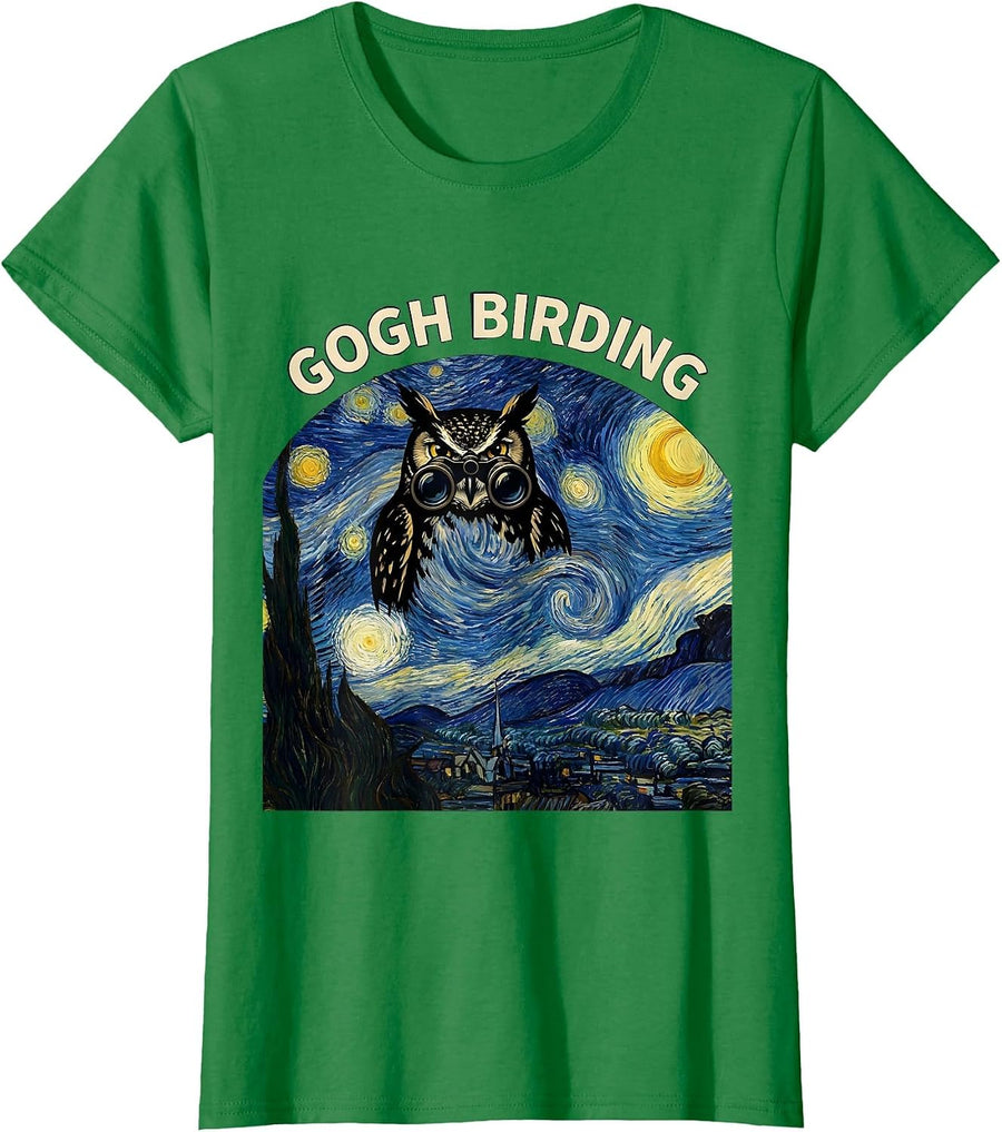 Women's Gogh Birding Funny Owl Van Gogh Starry Night Parody Art T-Shirt - Kelly Green