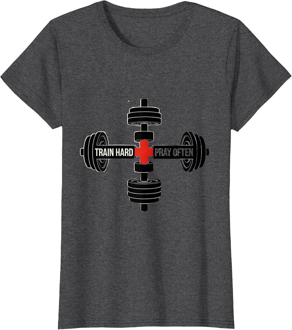 Women's Train Hard Pray Often Geometric Faith Fitness Gym Motivation T-Shirt - Dark Heather Grey