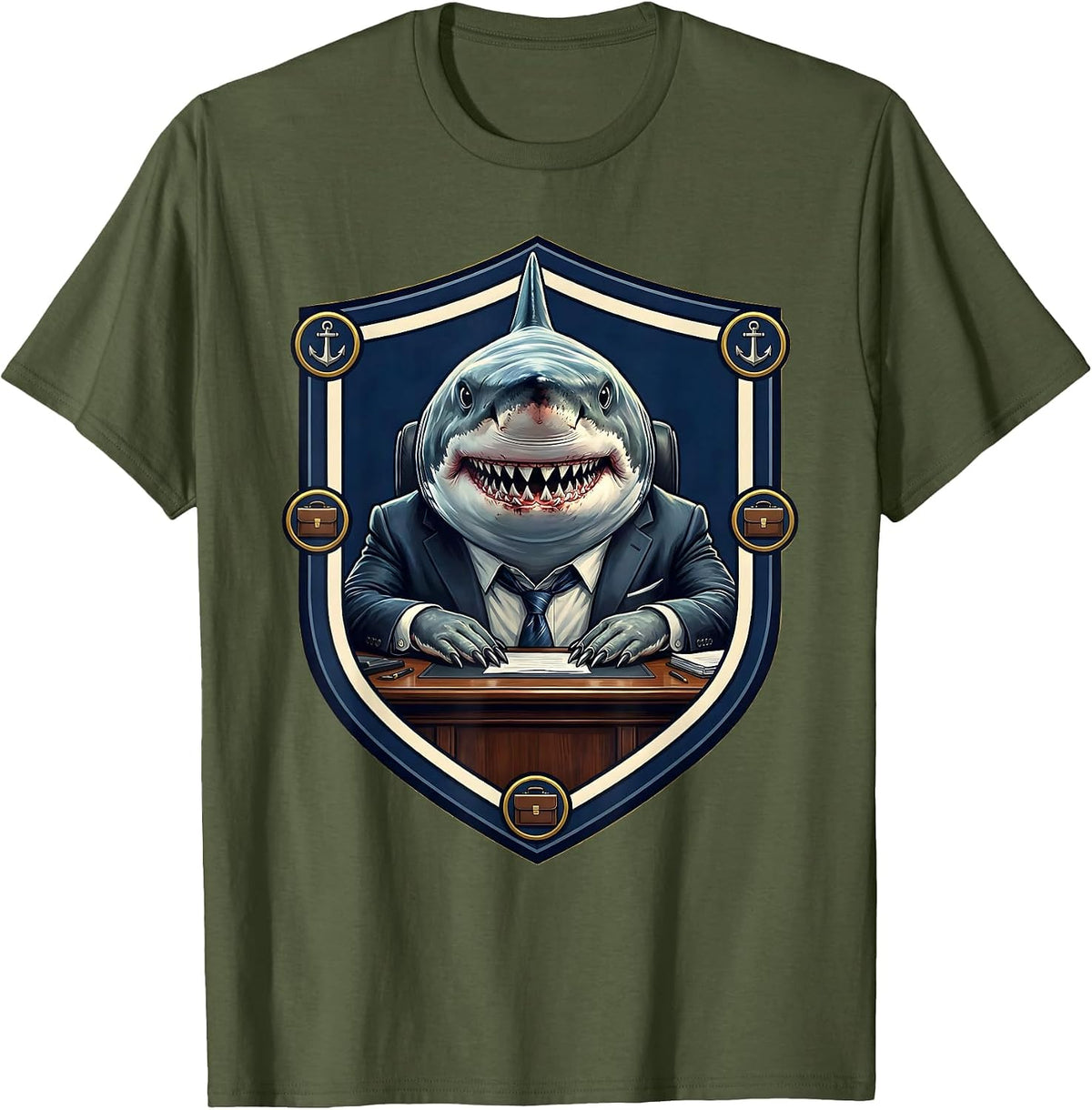 Shark in a Business Suit Office Desk Funny T-Shirt - Olive Green