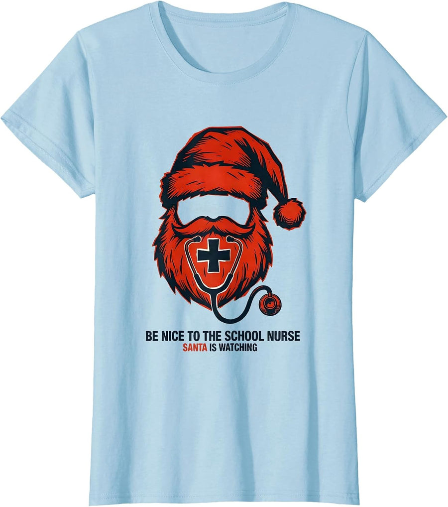 Women's Be Nice To The School Nurse Santa Is Watching Linocut T-Shirt - Baby Blue