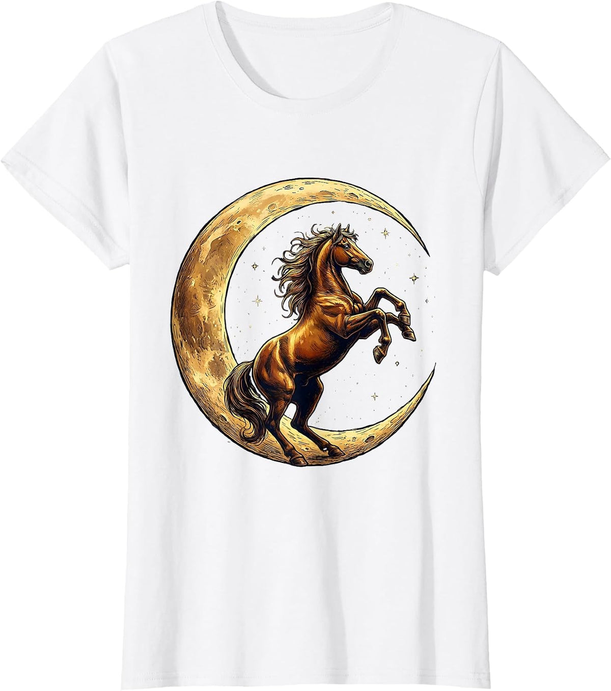 Rearing Horse Crescent Moon Celestial Art Design T-Shirt - White