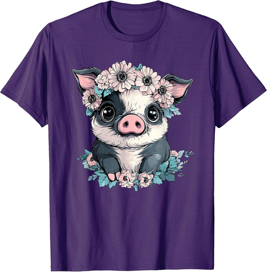 Adorable Piglet with Flower Crown Cutie T-Shirt, Men, Black, Small - As Pictured