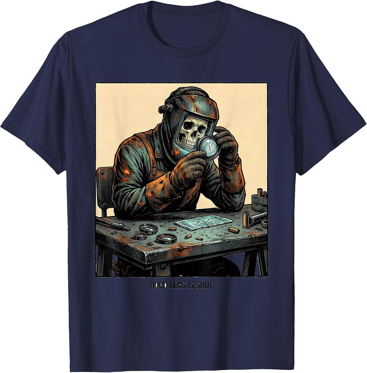 Hood Lens Is Shot Funny Welder Skeleton Tradesman Humor T-Shirt - Navy Blue
