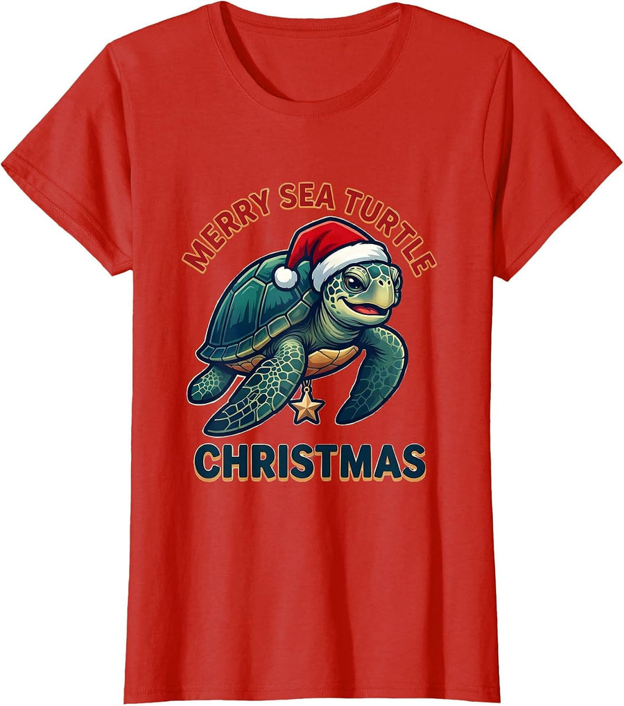 Women's Merry Sea Turtle Christmas Whimsical Sea Turtle Lover T-Shirt - Red