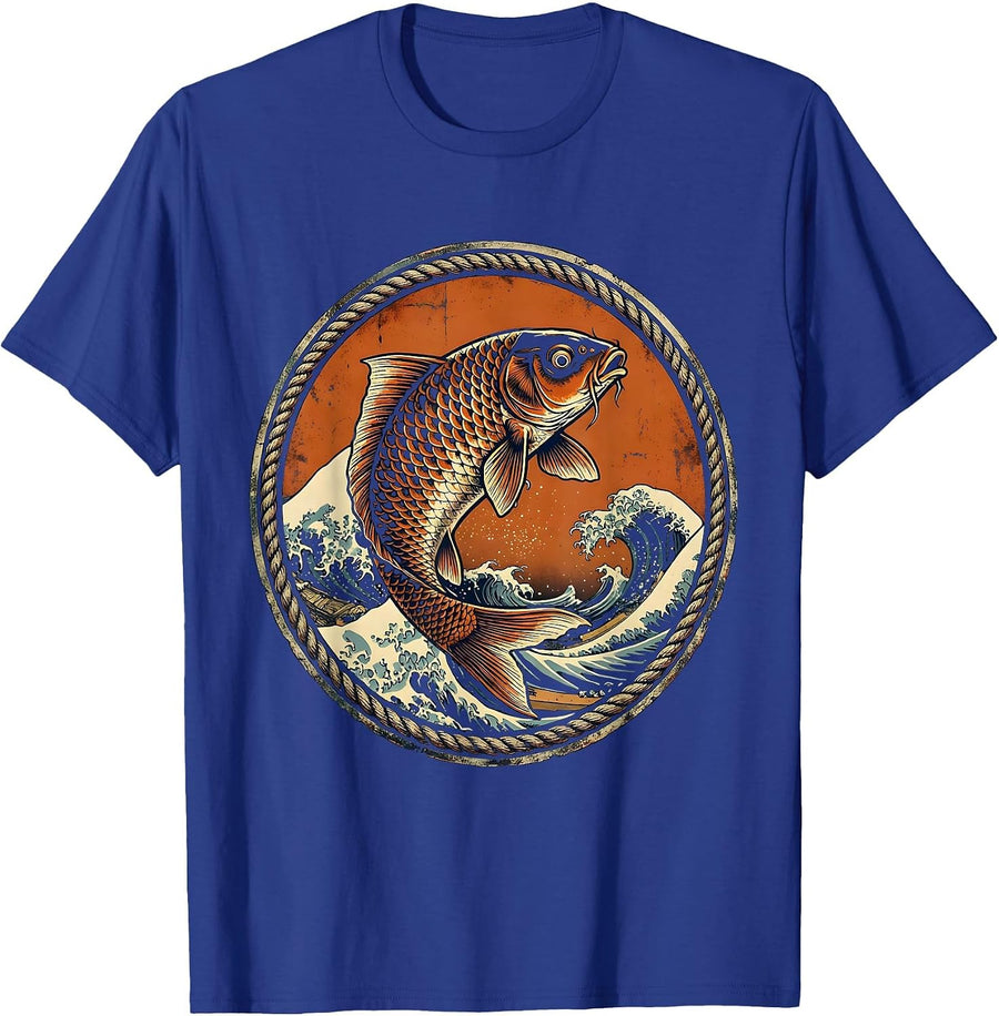 Koi Fish Leaping Through Crashing Waves T-Shirt - Royal Blue
