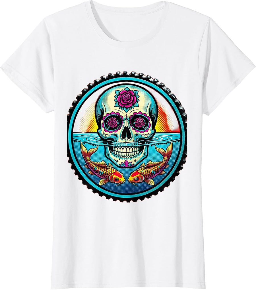 Women's Sugar Skull Koi Pond Graphic Design T-Shirt - White