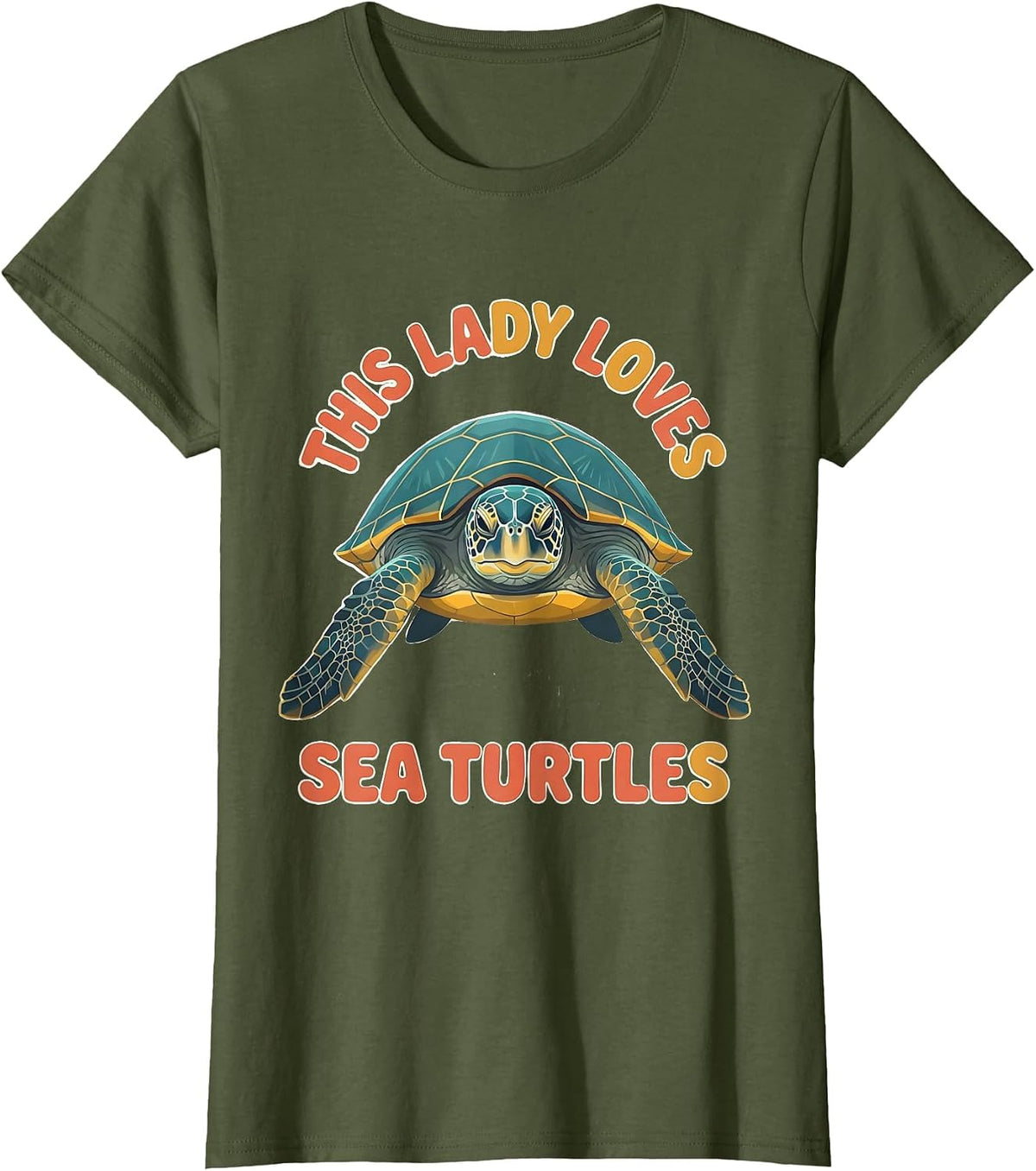 Women's This Lady Loves Sea Turtles Flat Vector Sea Turtle Lover T-Shirt - Olive Green