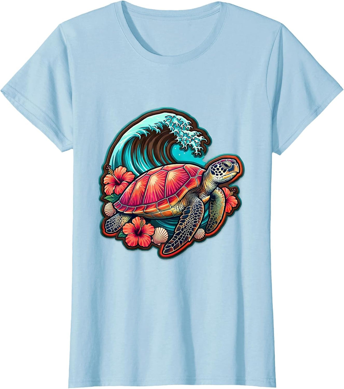 Women's Sea Turtle Under Breaking Wave Surf Design T-Shirt - Baby Blue