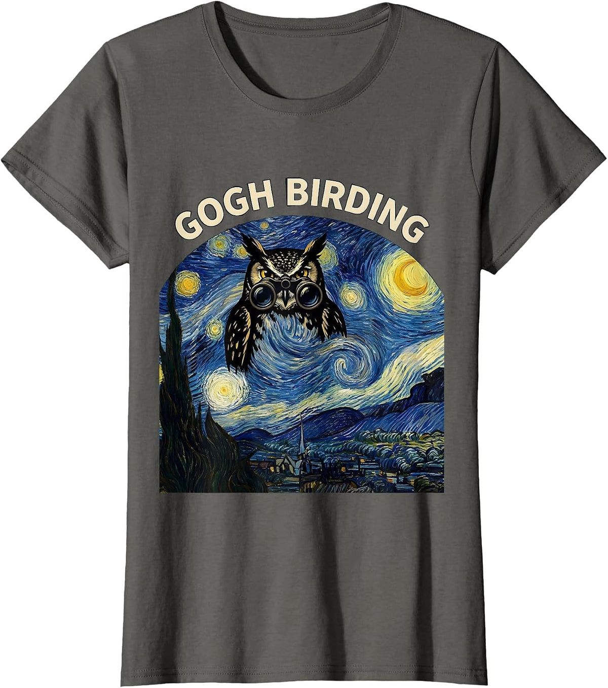Women's Gogh Birding Funny Owl Van Gogh Starry Night Parody Art T-Shirt - Asphalt Grey