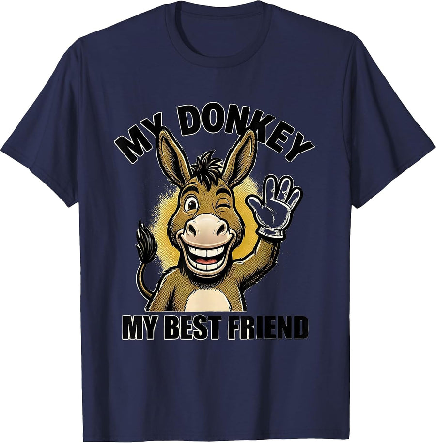 My Donkey My Best Friend Funny Retro Cartoon Animal Lover T-Shirt - Navy Blue