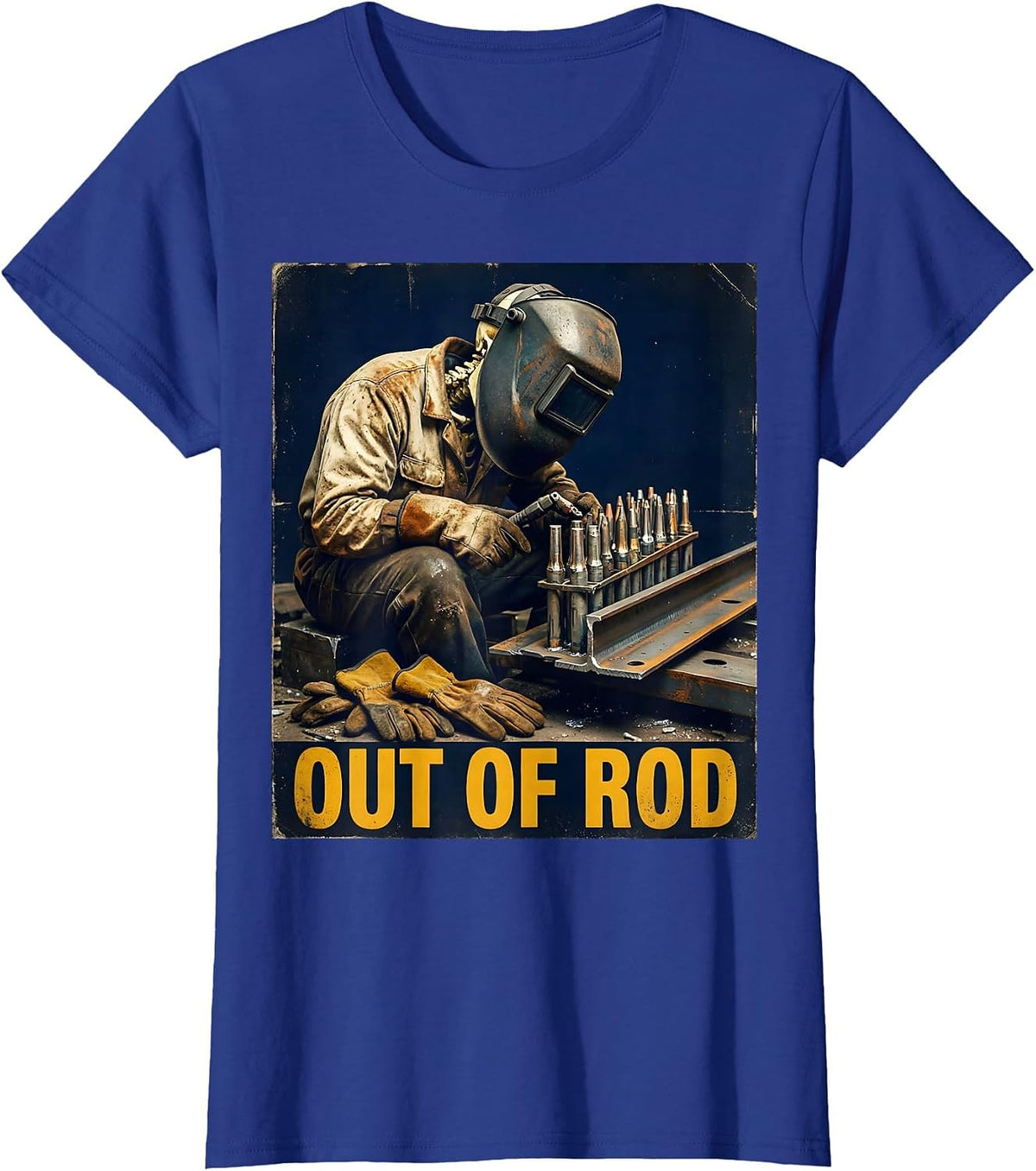 Women's Out Of Rod Vintage Welder Skeleton Tradesman Humor T-Shirt - Royal Blue