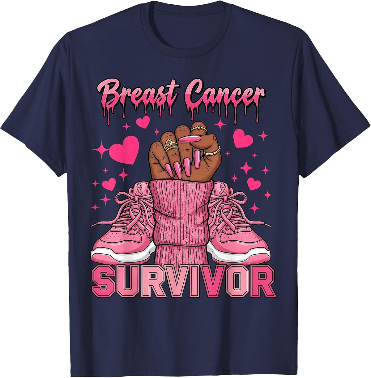 Breast Cancer Awareness Warrior Black Women Melanin Survivor T-Shirt - Navy Blue