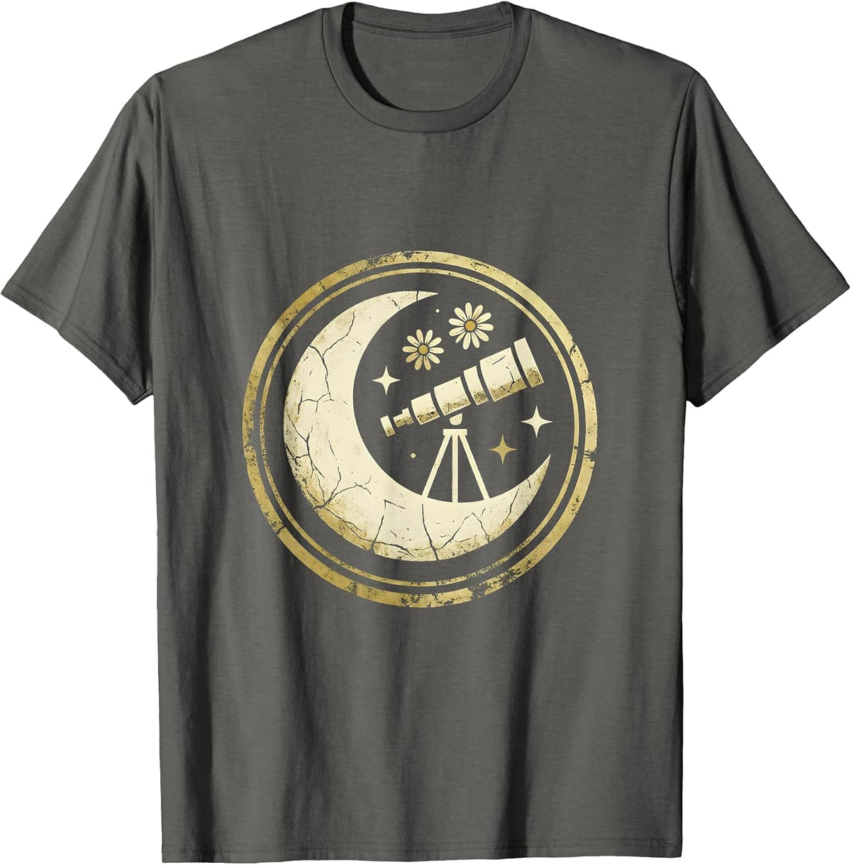 Vintage Telescope Starry Sky Astronomy Illustration T-Shirt - Asphalt Grey