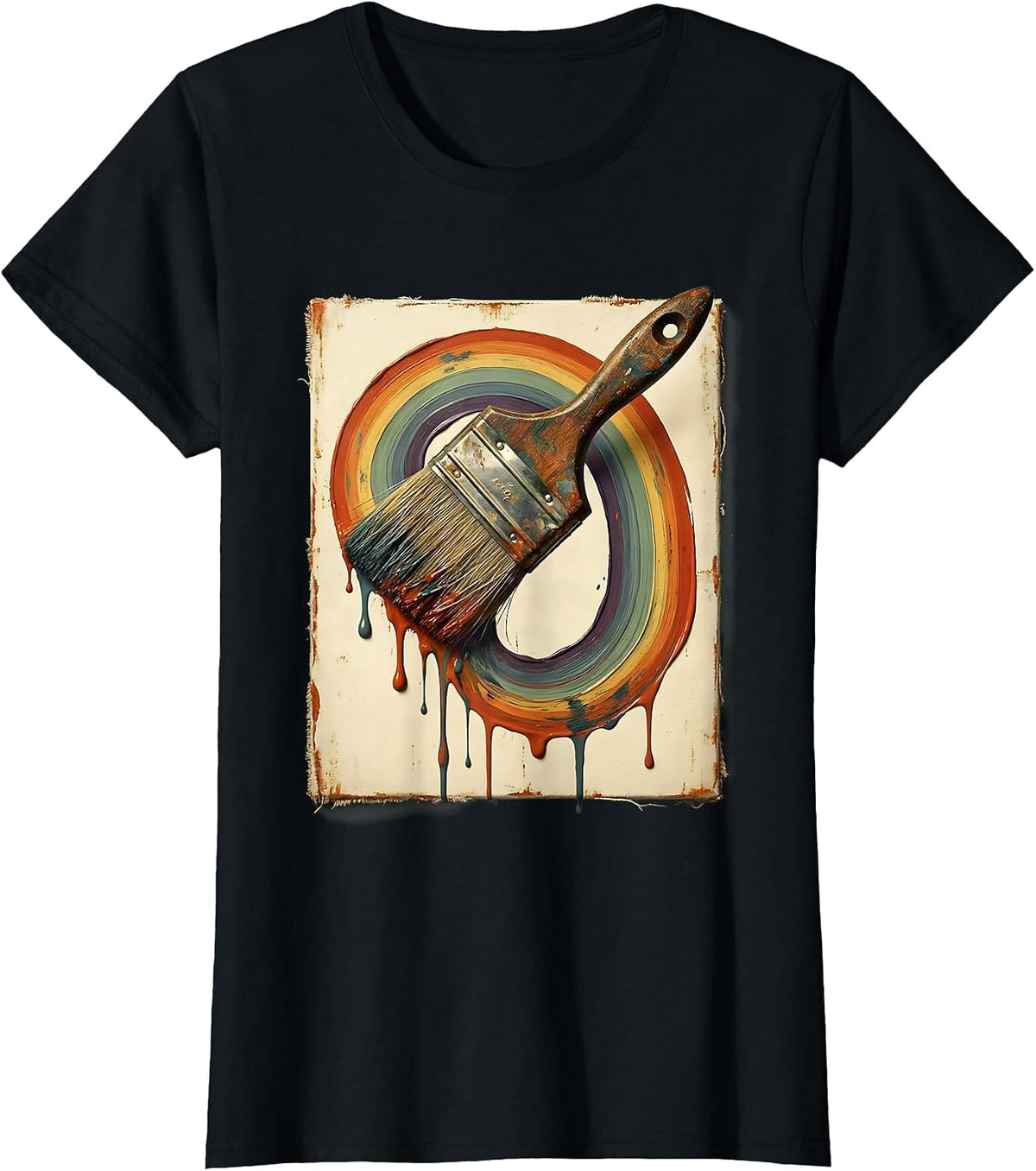 Women's Preschool Teacher Rainbow Paintbrush Canvas Art T-Shirt - Black