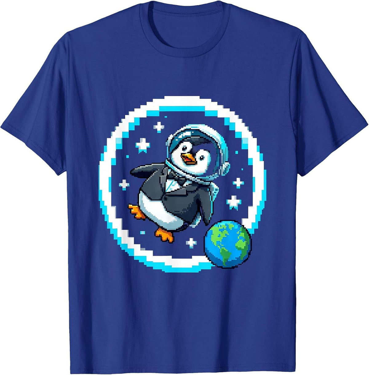 Penguin Astronaut Floating in Outer Space T-Shirt - Royal Blue