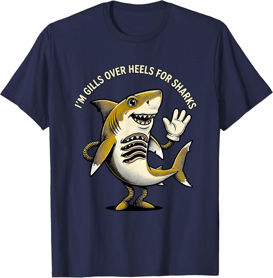 I'm Gills Over Heels For Sharks Retro Cartoon Ocean Animal T-Shirt - Navy Blue