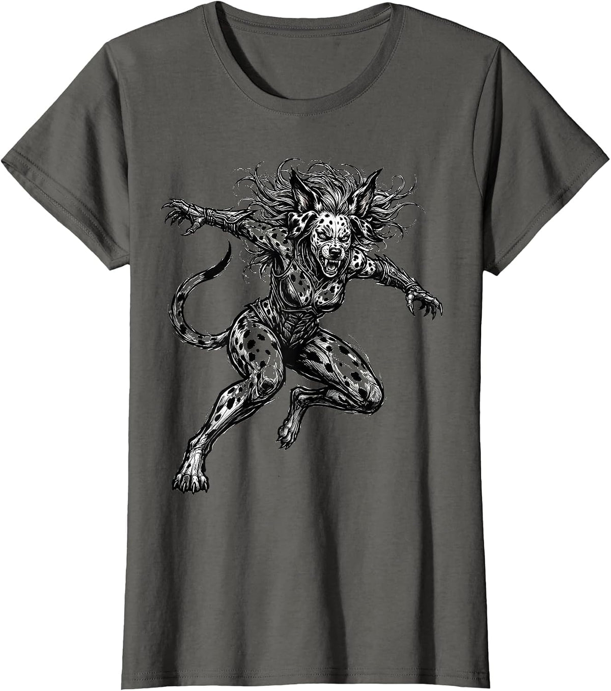 Women's Fierce Dalmatian Warrior Woman Graphic Tee T-Shirt - Asphalt Grey