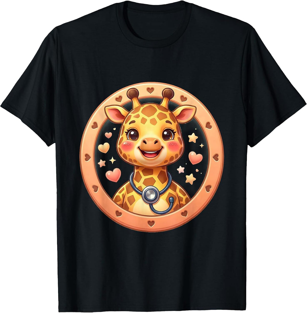Men's Pediatric Nurse Cartoon Giraffe Stethoscope T-Shirt - Black