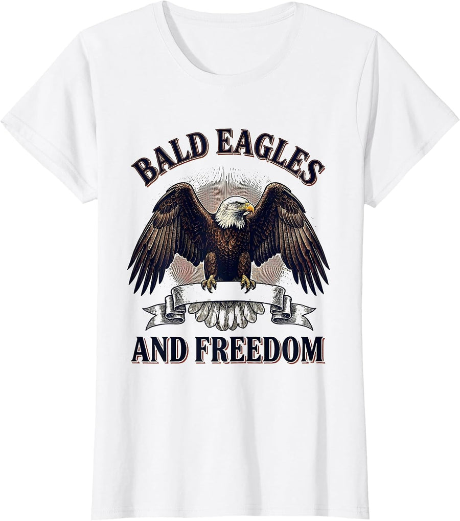 Women's Bald Eagles and Freedom Patriotic USA Design T-Shirt - White