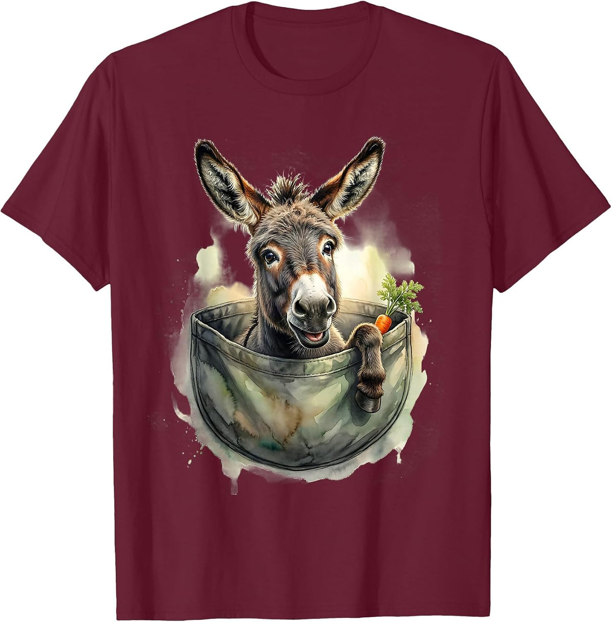 Men's Watercolor Donkey in Pocket Funny Animal Lover Gift T-Shirt - Burgundy