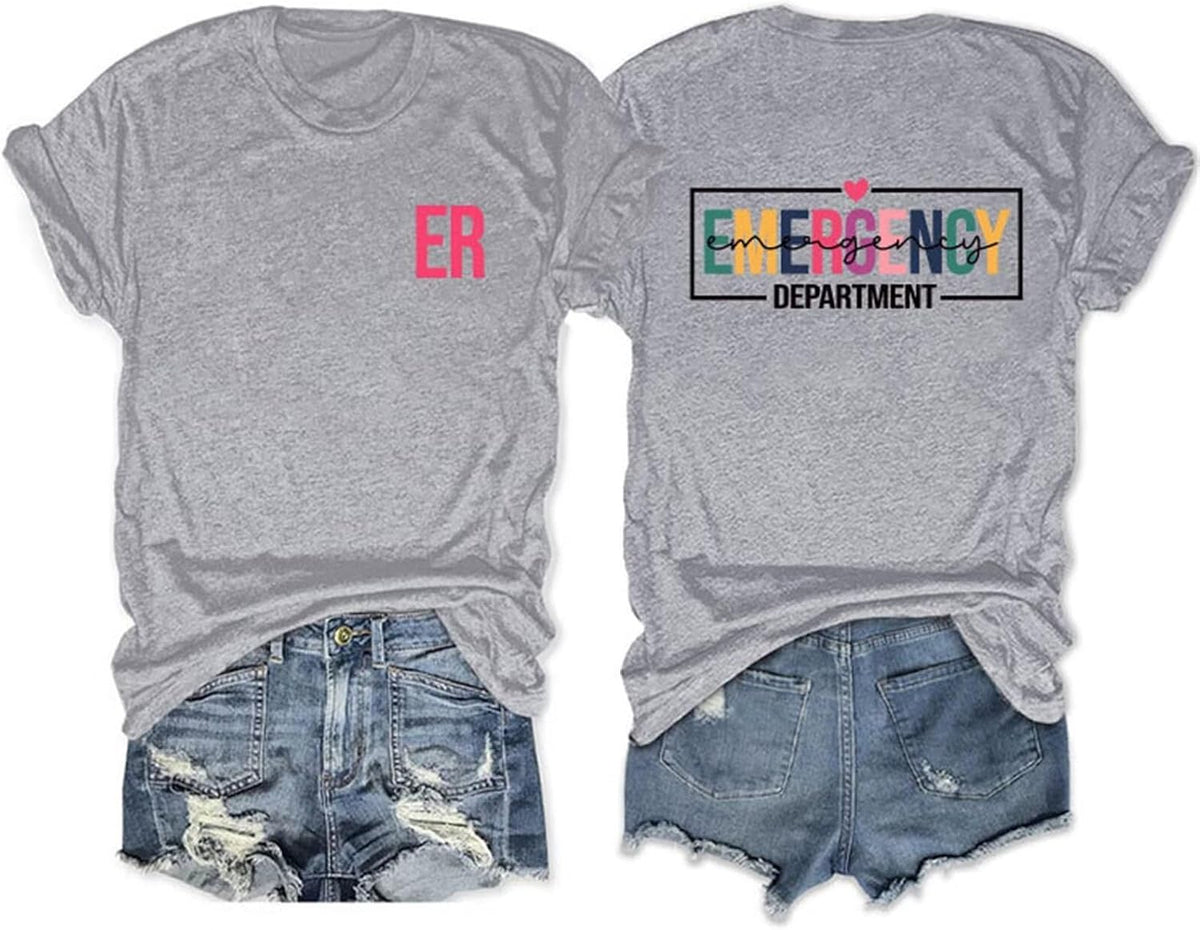Nurse Shirts Women Emergency Department T-Shirt Funny Back and Front Graphic Tee Casual Crew Neck Tee Tops Nurse Shirt - Grey