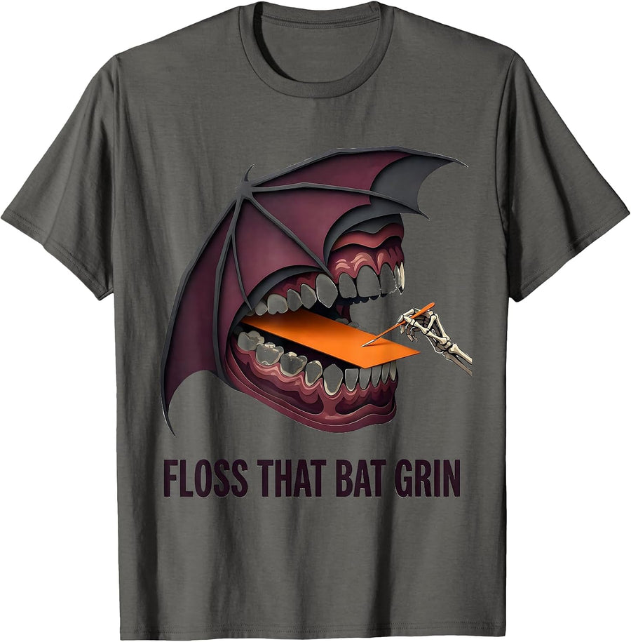 Floss That Bat Grin Funny Dental Hygienist Halloween Costume T-Shirt - Asphalt Grey