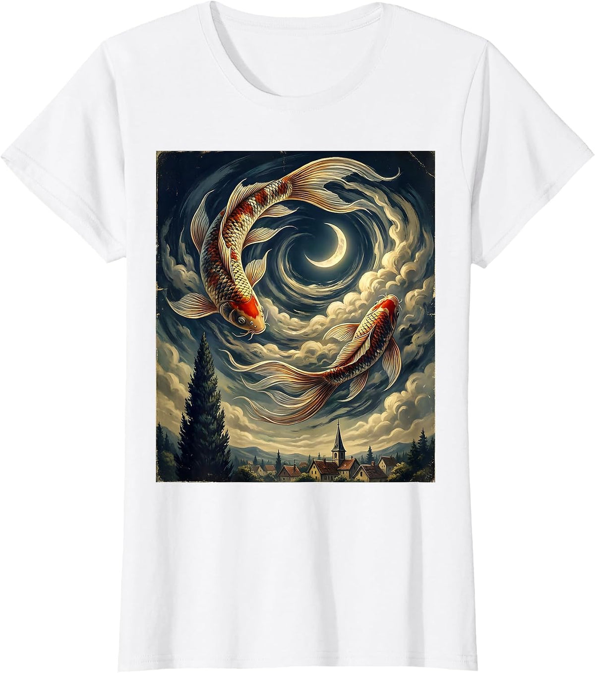 Arched Koi Fish Vintage Van Gogh Starry Night Art Parody T-Shirt - White