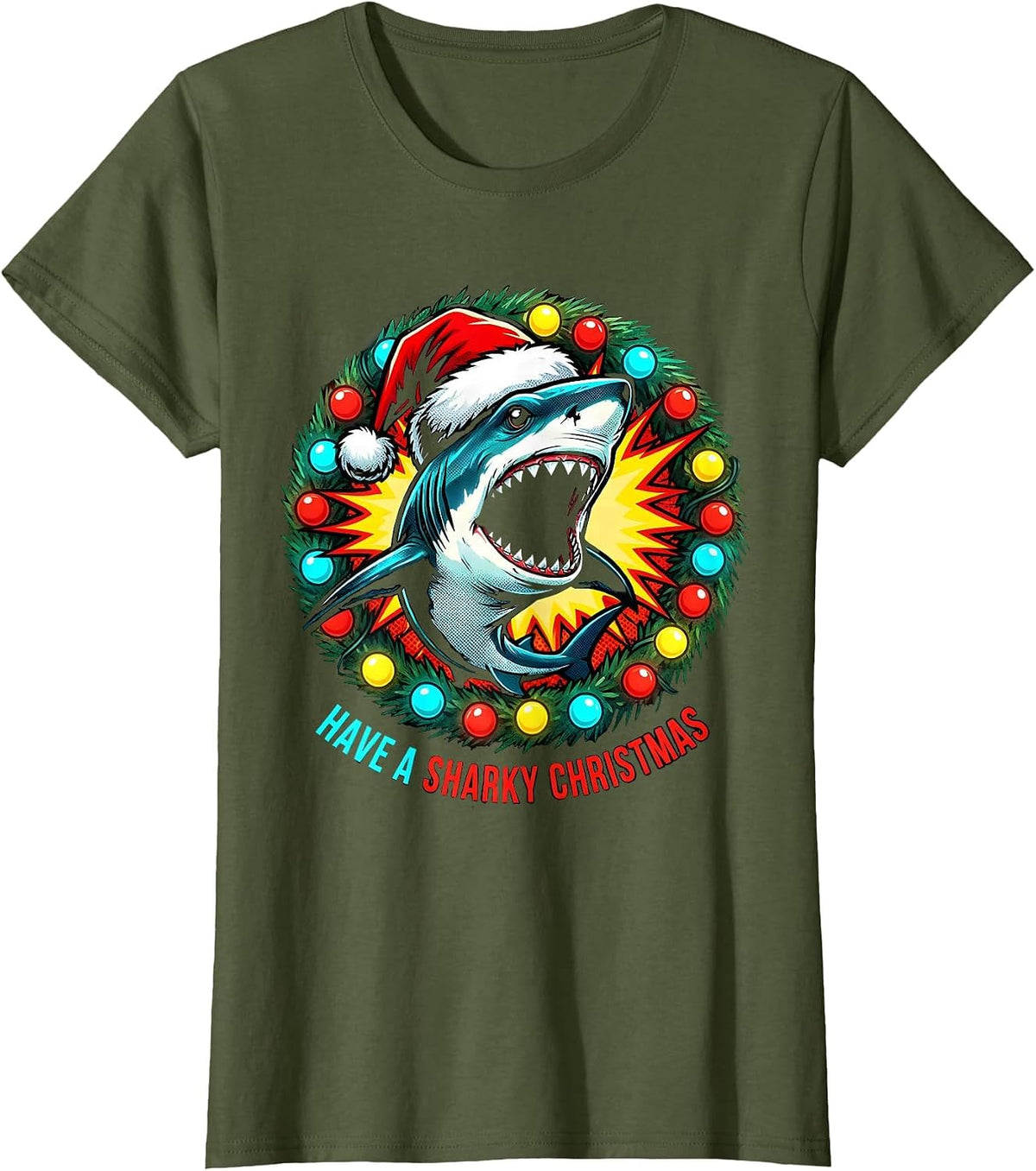 Women's Have a Sharky Christmas Funny Pop Art Shark Santa Hat T-Shirt - Olive Green