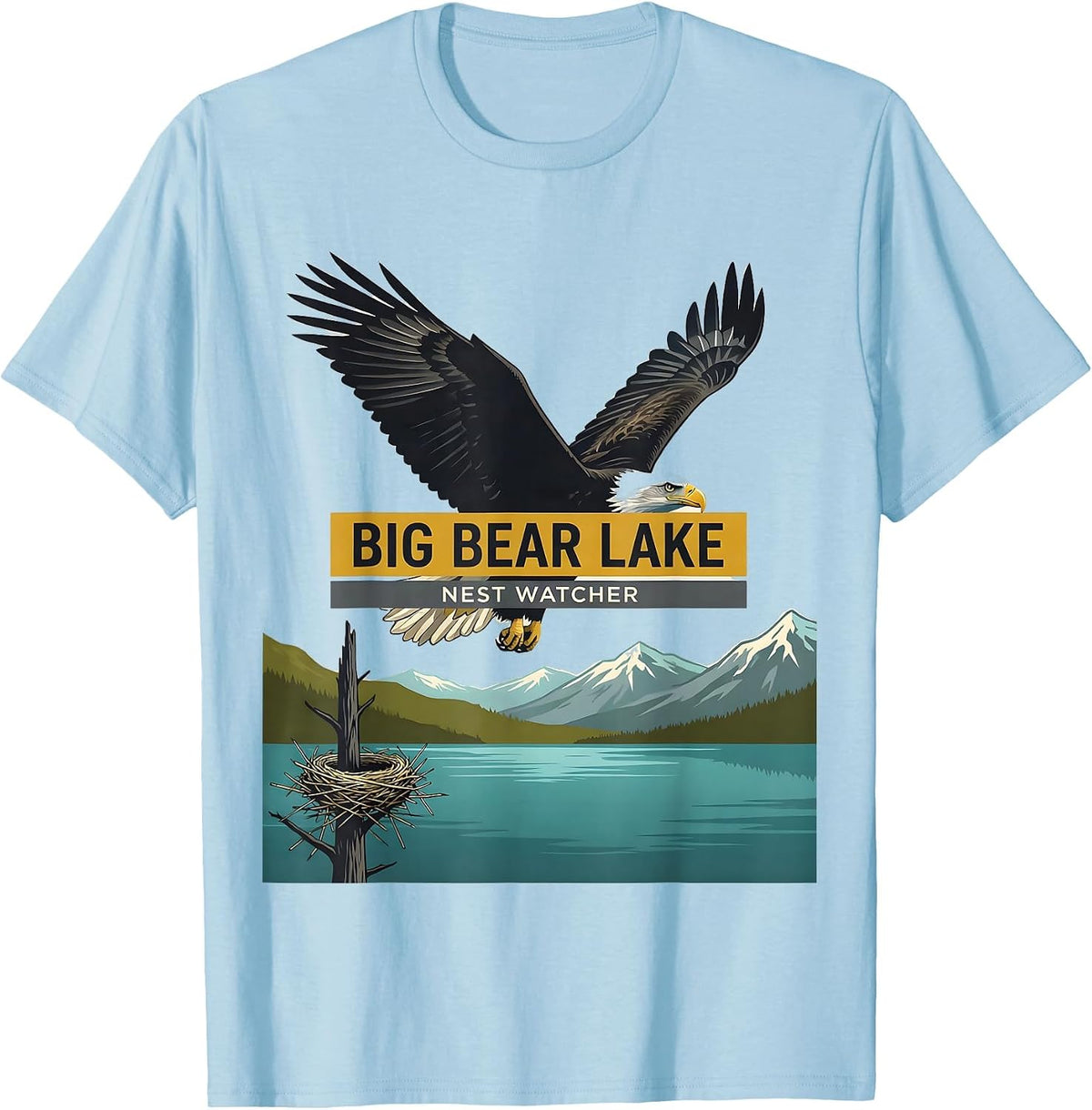 Men's Big Bear Lake Nest Watcher Midcentury Modern Bald Eagle T-Shirt - Baby Blue