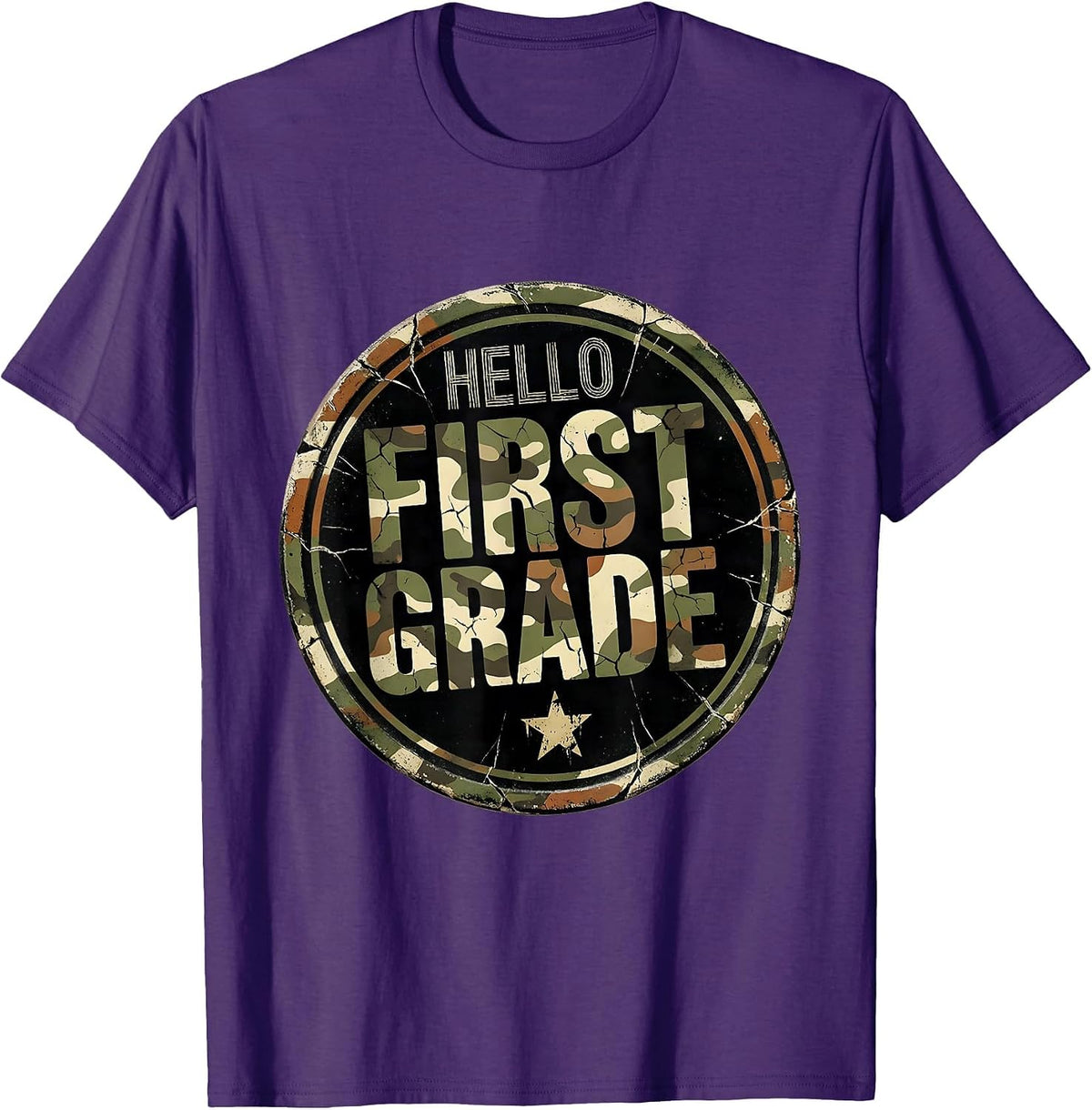 Men's Hello First Grade Distressed Camo First Day Of School Boys T-Shirt - Purple