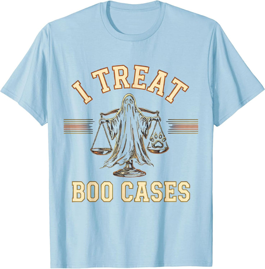 Men's I Treat Boo Cases Funny Vet Tech Halloween Workplace Humor T-Shirt - Baby Blue