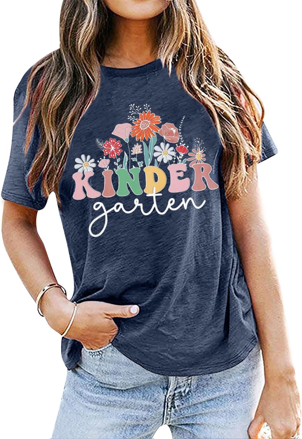 ALLTB Kindergarten Teacher Shirts Women First Day of School Shirt Teacher Life Floral Flower Tee Tops T-Shirt - Blue