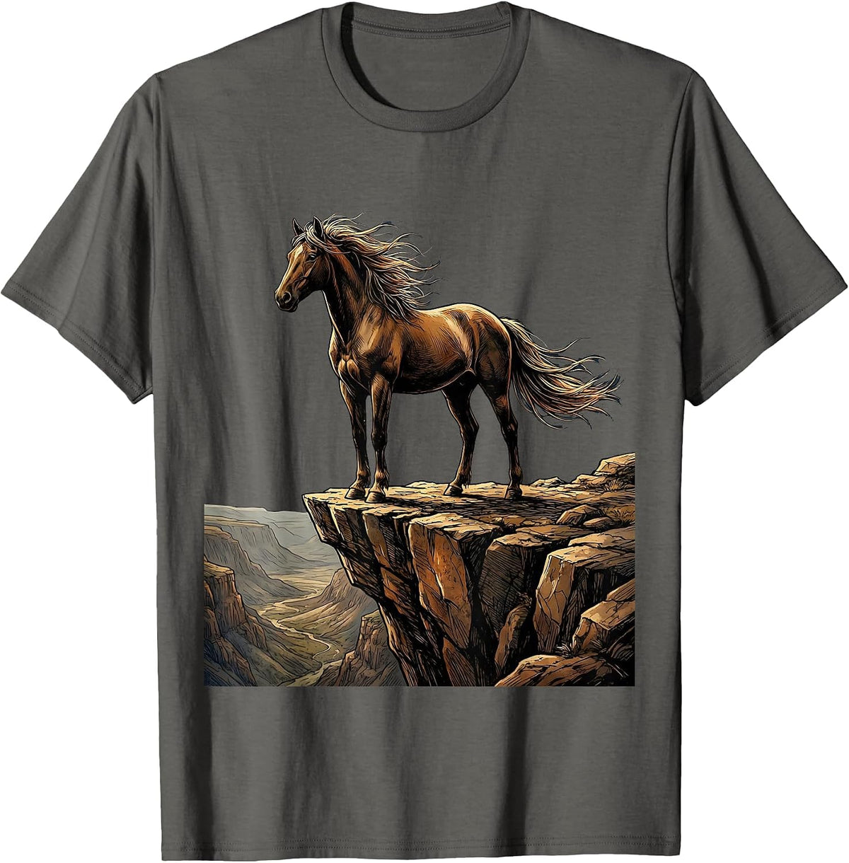Lone Horse on Cliff Edge Illustration T-Shirt - Asphalt Grey