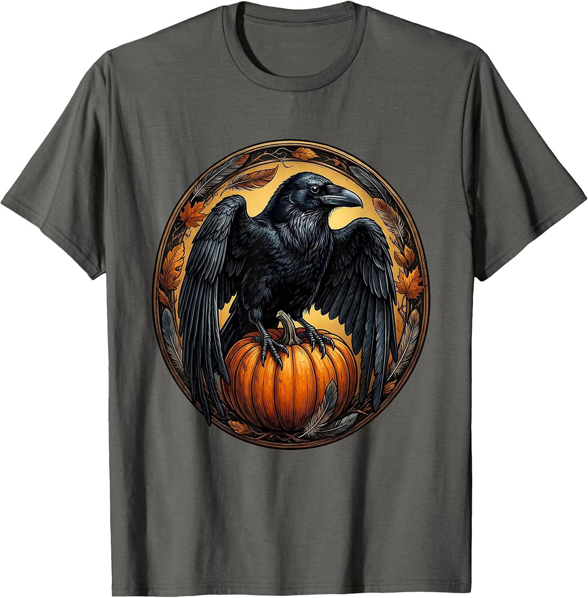 Men's Raven Gripping Pumpkin Halloween Graphic Design T-Shirt - Asphalt Grey