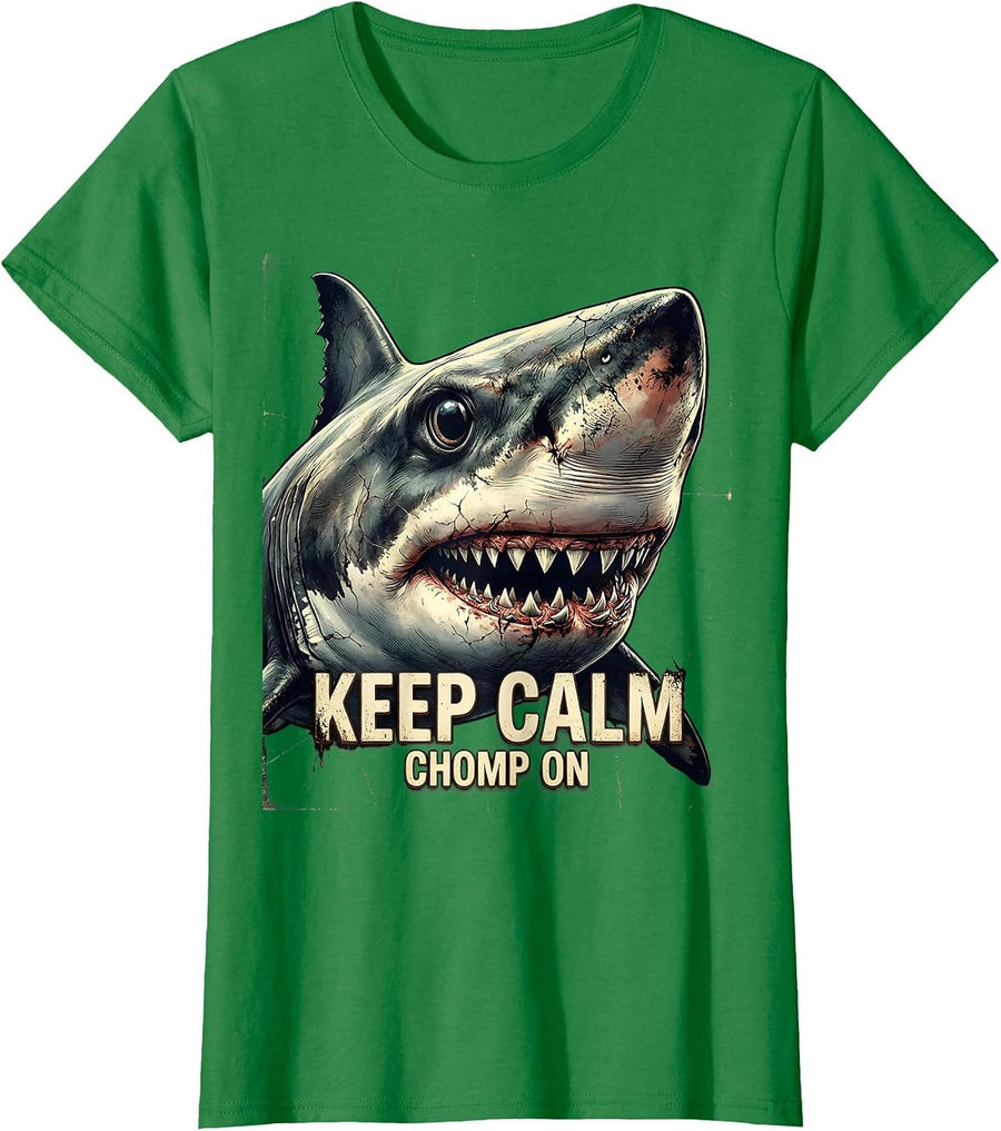 Women's Keep Calm Chomp On Distressed Shark Lover Ocean Humor T-Shirt - Kelly Green