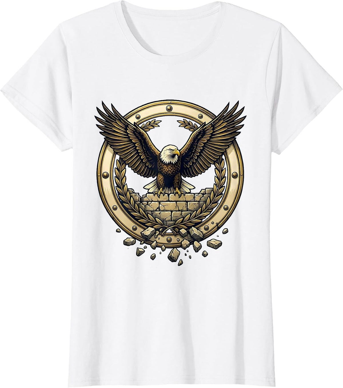 Women's Bald Eagle Perched on Crumbling Wall Patriotic Art T-Shirt - White