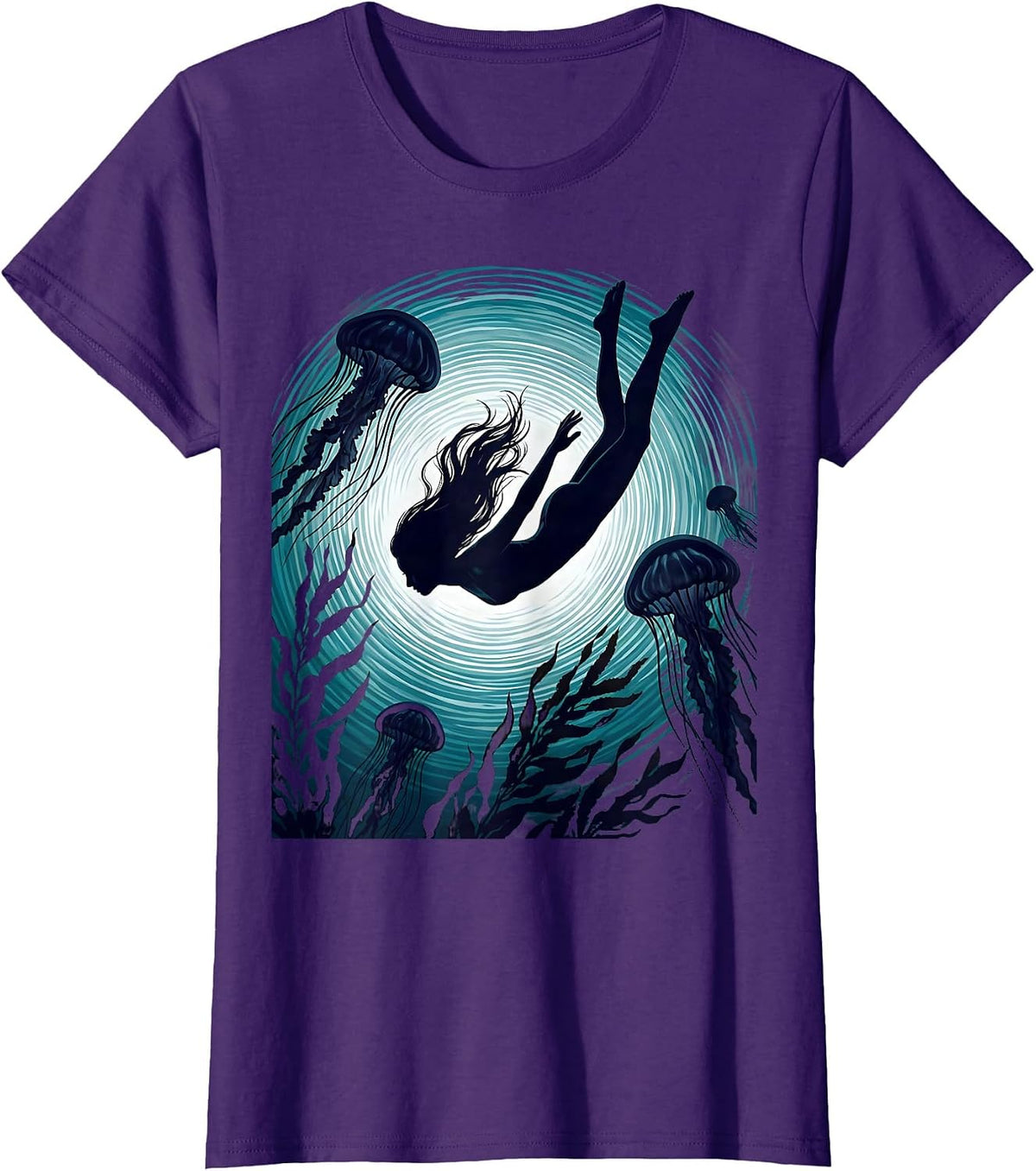 Women's Woman Diving Into Glowing Ocean Graphic Tee T-Shirt - Purple