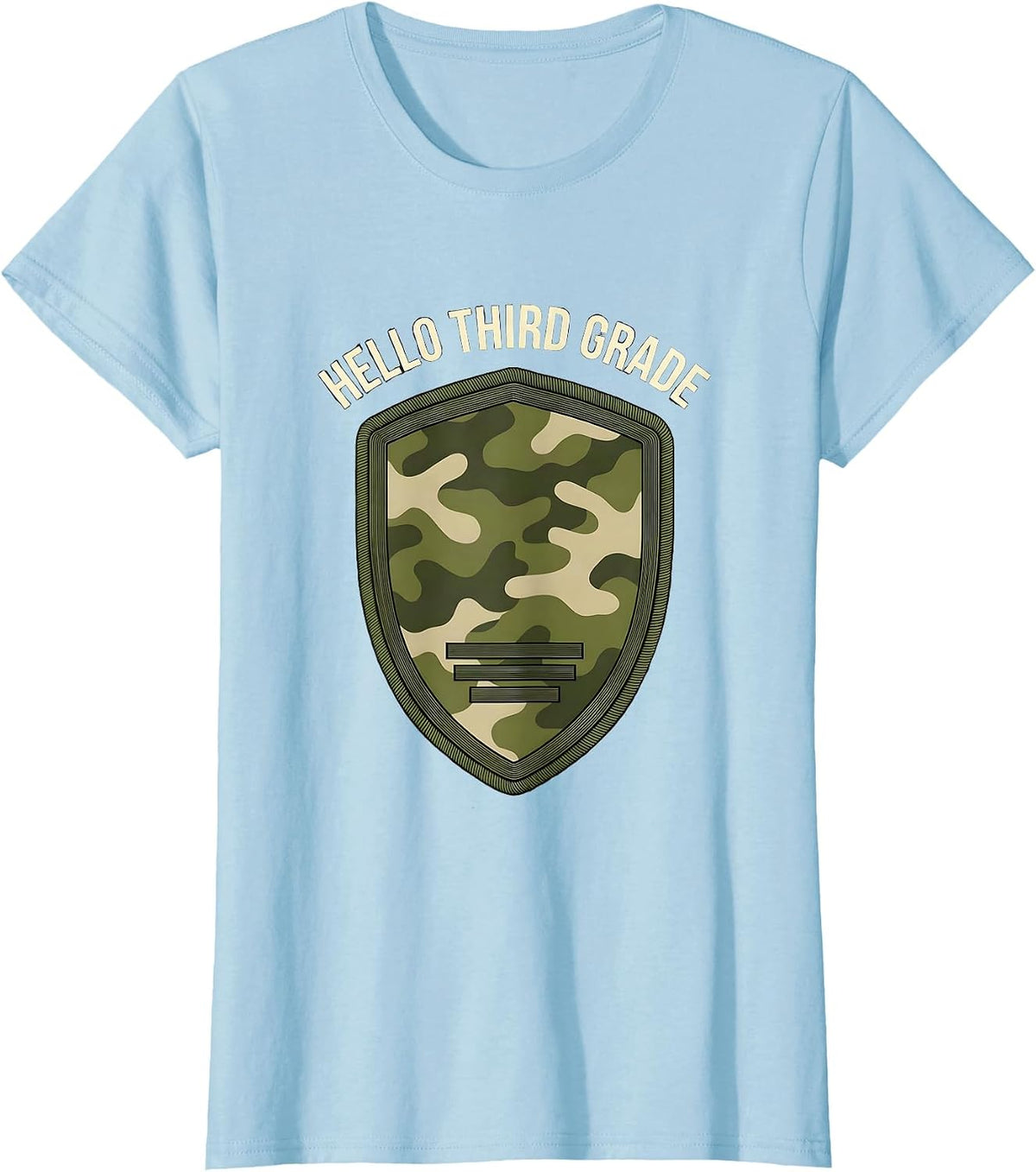Women's Hello Third Grade Distressed Camo Back To School Boy Teacher T-Shirt - Baby Blue