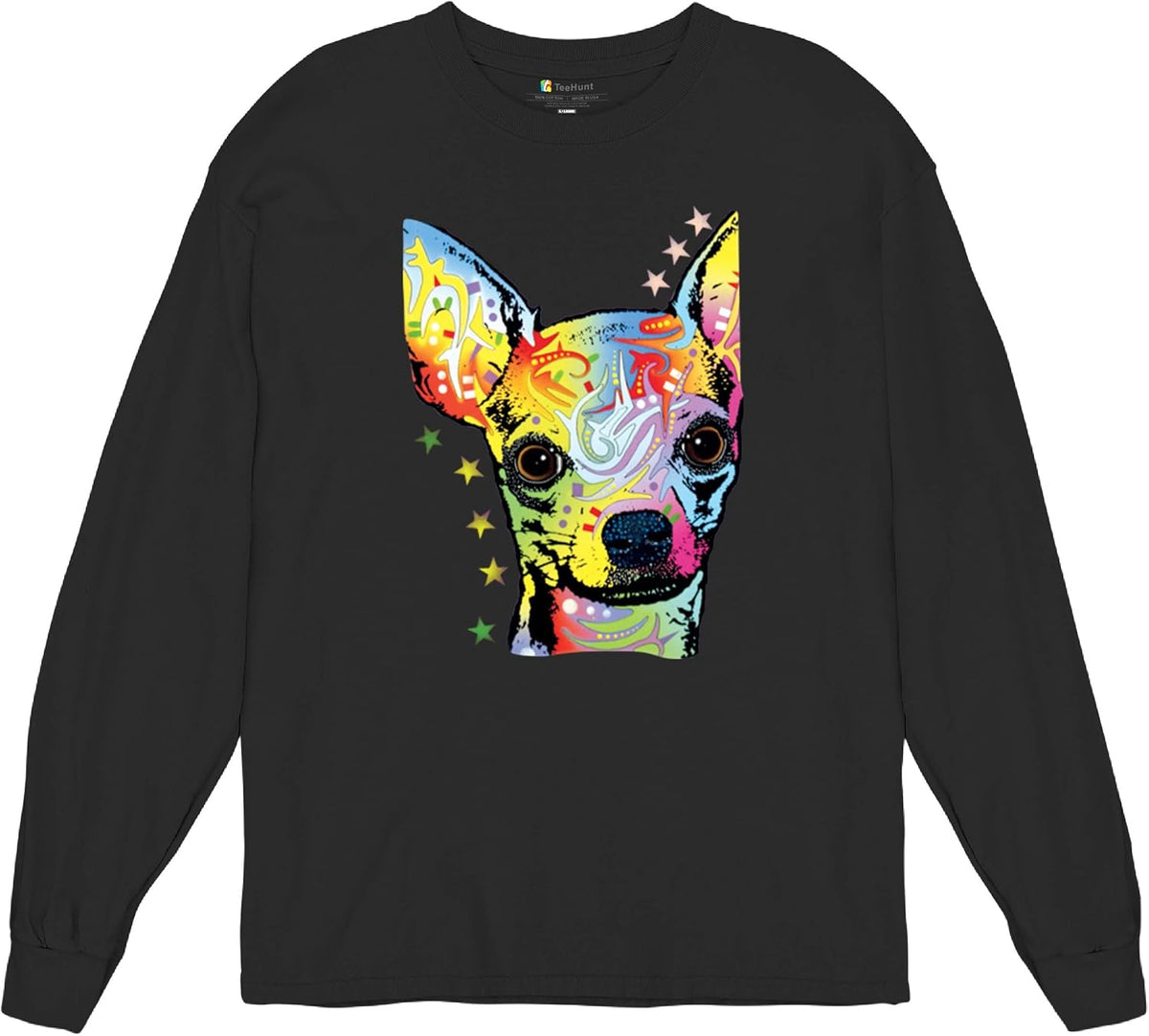Tee Hunt Dean Russo Cute Chihuahua Long Sleeve T-Shirt Neon Colorful Small Dog - Black